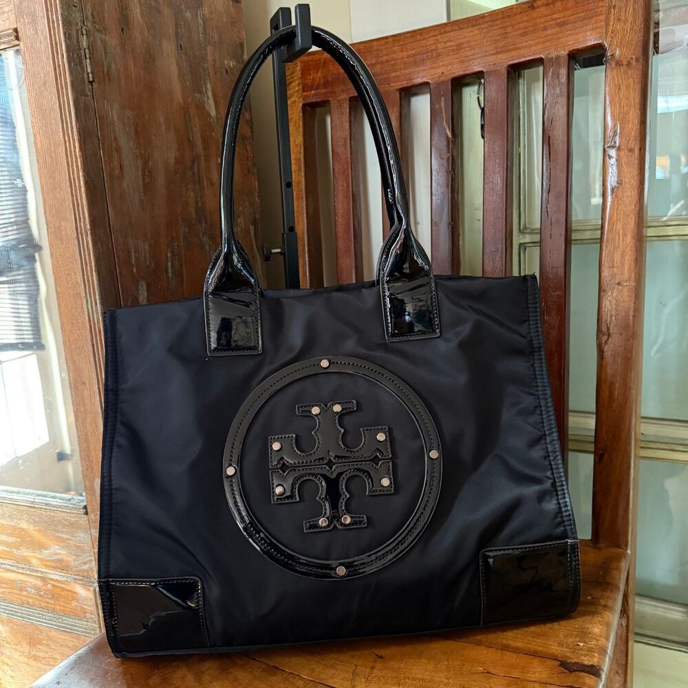 Tory Burch Ella Tote – Black Nylon with Patent Leather Trim